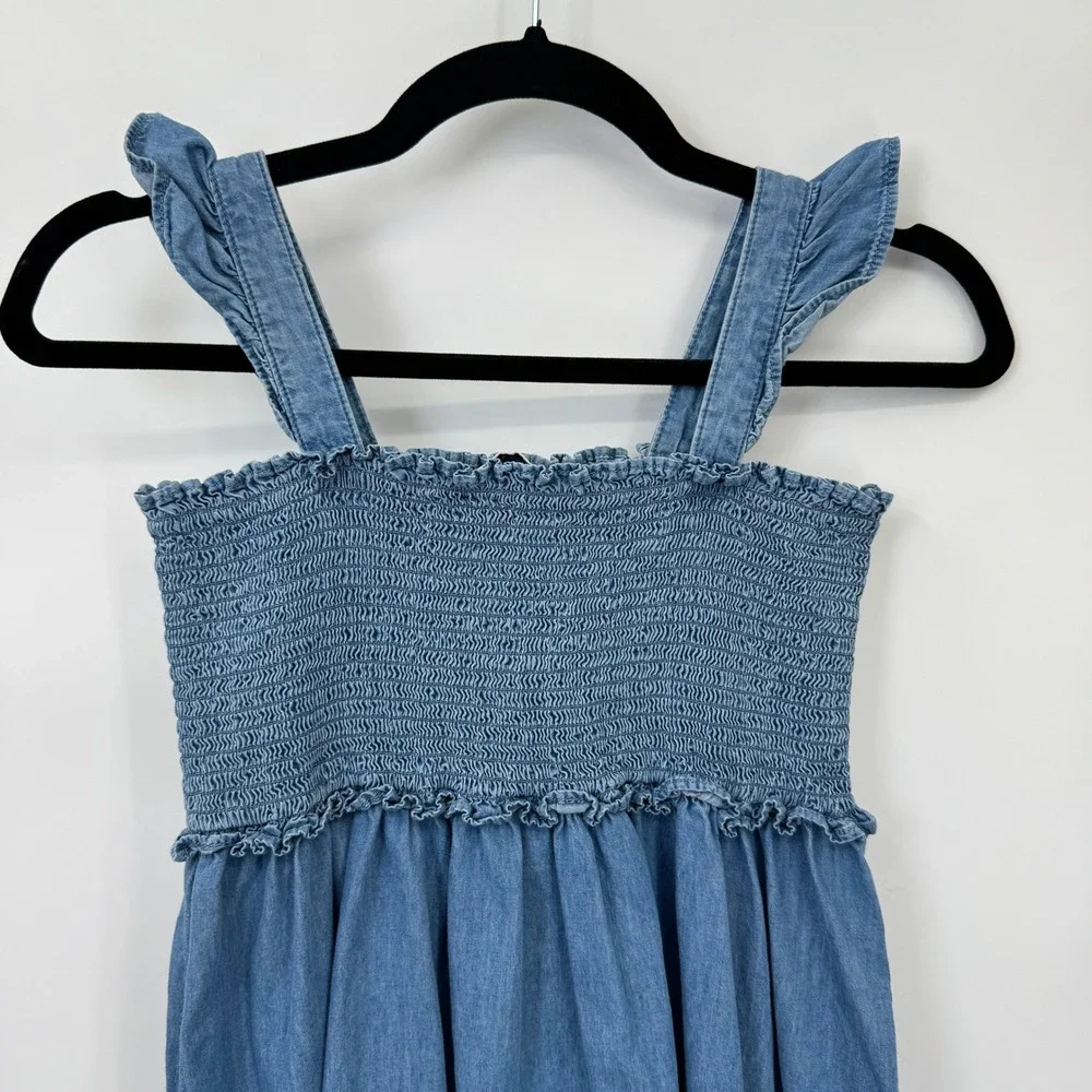 Janie and Jack Girls Blue Cotton Smocked Chambray Ruffle Dress Size 14